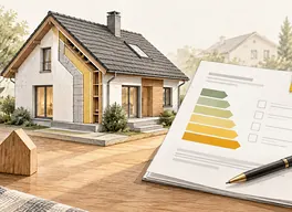 Ilustracja: Dom i dokument obrazujący jego charakterystykę energetyczną.