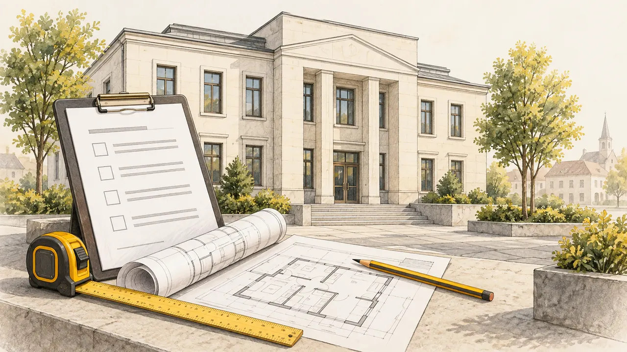 Ilustracja: Budynek urzędu i dokumentacja nadzoru budowlanego.
