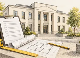Ilustracja: Budynek urzędu i dokumentacja nadzoru budowlanego.