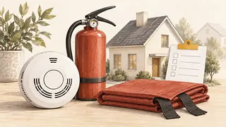 Ilustracja: Czujnik dymu, gaśnica i koc gaśniczy przy modelu domu.