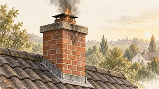 Ilustracja: Ceglany komin widziany z zewnątrz, z dymem i niewielkimi płomieniami ponad wylotem.