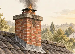 Ilustracja: Ceglany komin widziany z zewnątrz, z dymem i niewielkimi płomieniami ponad wylotem.