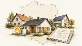 Ilustracja: Mapa Polski i budynki mieszkalne jako ilustracja tematu pożarów.