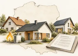 Ilustracja: Mapa Polski i budynki mieszkalne jako ilustracja tematu pożarów.
