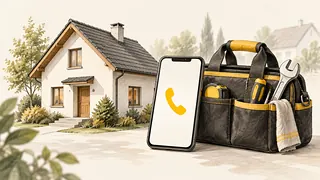 Ilustracja: Model domu, telefon i torba narzędziowa symbolizujące pomoc domową.