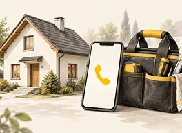 Ilustracja: Model domu, telefon i torba narzędziowa symbolizujące pomoc domową.