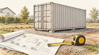 Ilustracja: Kontener morski na działce obok planu zagospodarowania i miarki.