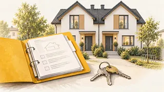 Ilustracja: Budynek w zabudowie bliźniaczej z dwoma wejściami, dokumenty przeglądów i klucze.